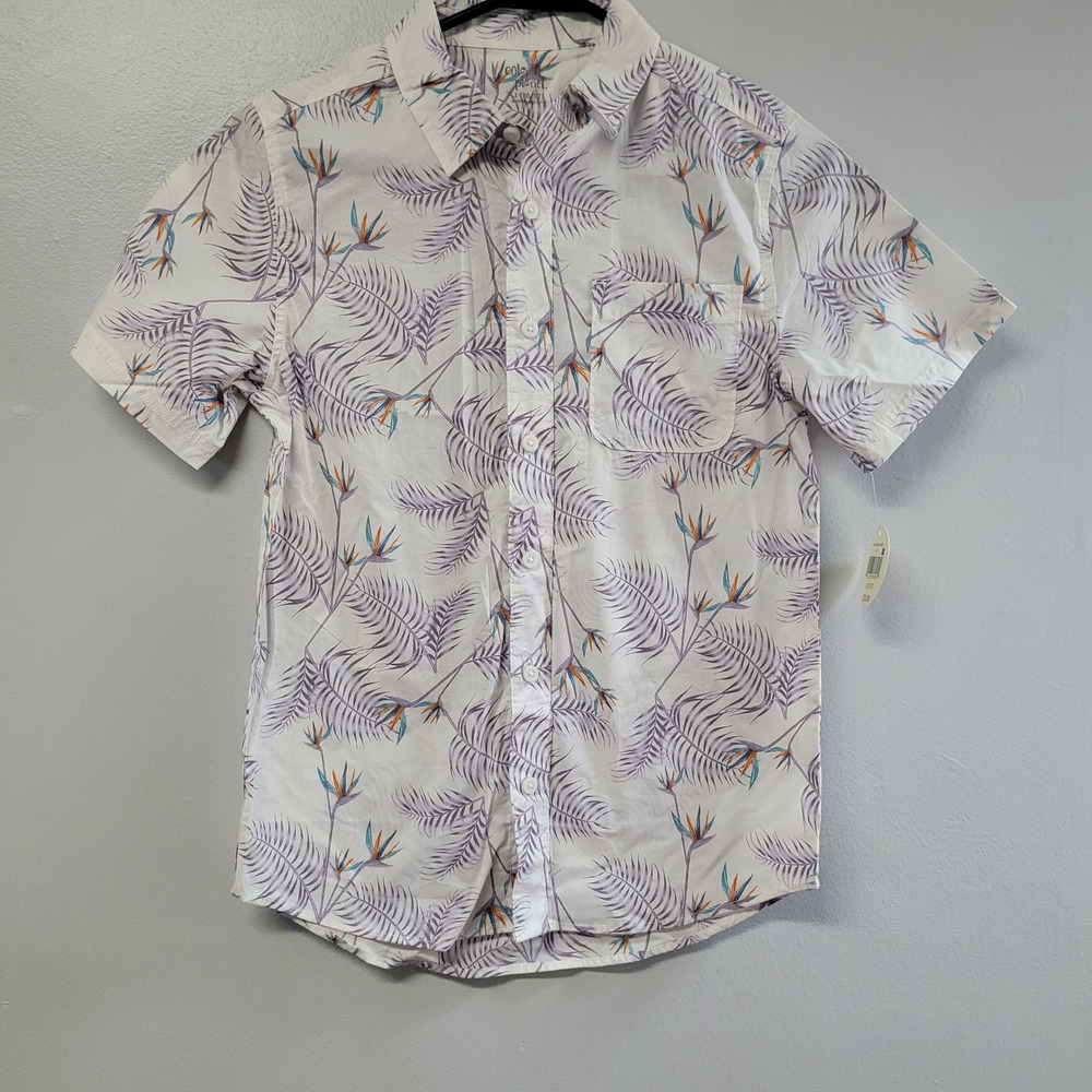 Colorful Planet Boys Short Sleeve Woven Shirt White Bird of Paradise Sz L 10/12